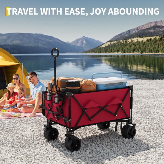 Opvouwbare Bolderkar 132cm - 350L Strandwagen met Rem & Bekerhouders - 210 kg Draagvermogen - All‑Terrain Strandkar voor Camping, Tuin & Vakantie - Zwart - Rood — afbeelding 4