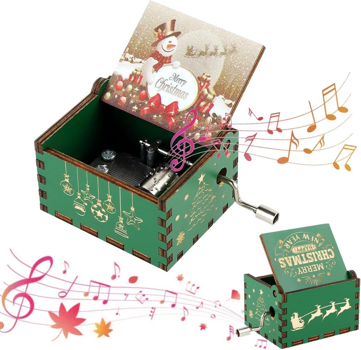 Houten Kerst Muziekdoos met Handslinger - Gegraveerd Thematisch Cadeau