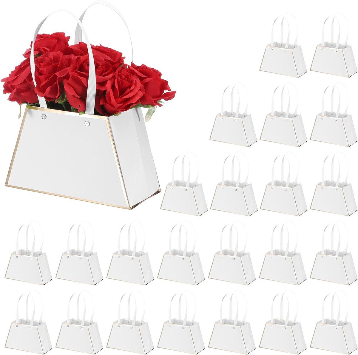 Papieren bloemengeschenkzakken - 24 stuks - papieren boeket - geschenkzakje met handvat - rechthoek metalen ketting - draagtas voor bloemist - bruiloft - feest - verjaardagen - wit