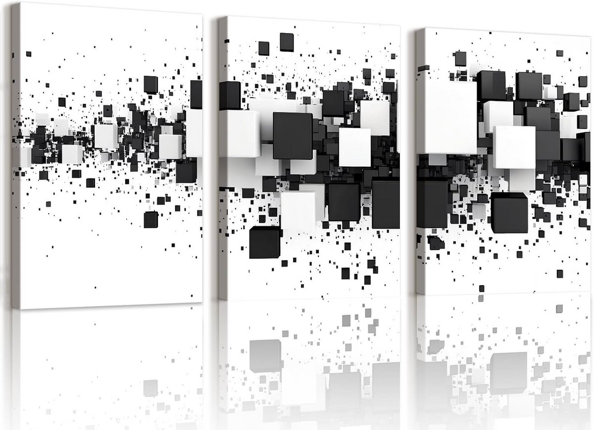 Set van 3 zwart witte canvas muurprints - minimalistische abstracte schilderijen in lijst voor woonkamer en slaapkamer