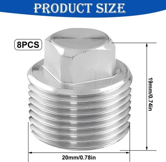 8 Pcs RVS Stopper - 1/2 Inch AG - 1/2 Inch Mannelijke Draadkap - Afsluitstopper - Blinde Stopper - Waterpijp Afsluitkap - Tuitbescherming - Hexa Slangdoppen voor Verwarming — afbeelding 4