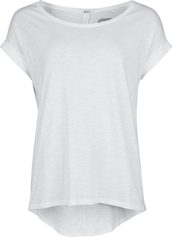 T-shirt blanc à manches courtes retroussées et ourlet asymétrique.