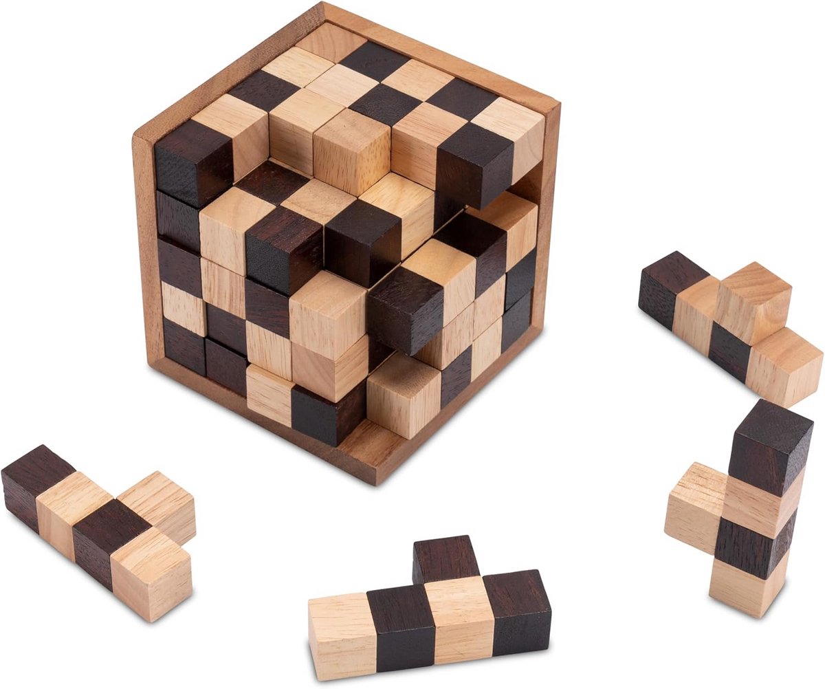 3D Puzzel Kubus 125 - Houten Denkspel in Schaakbordpatroon
