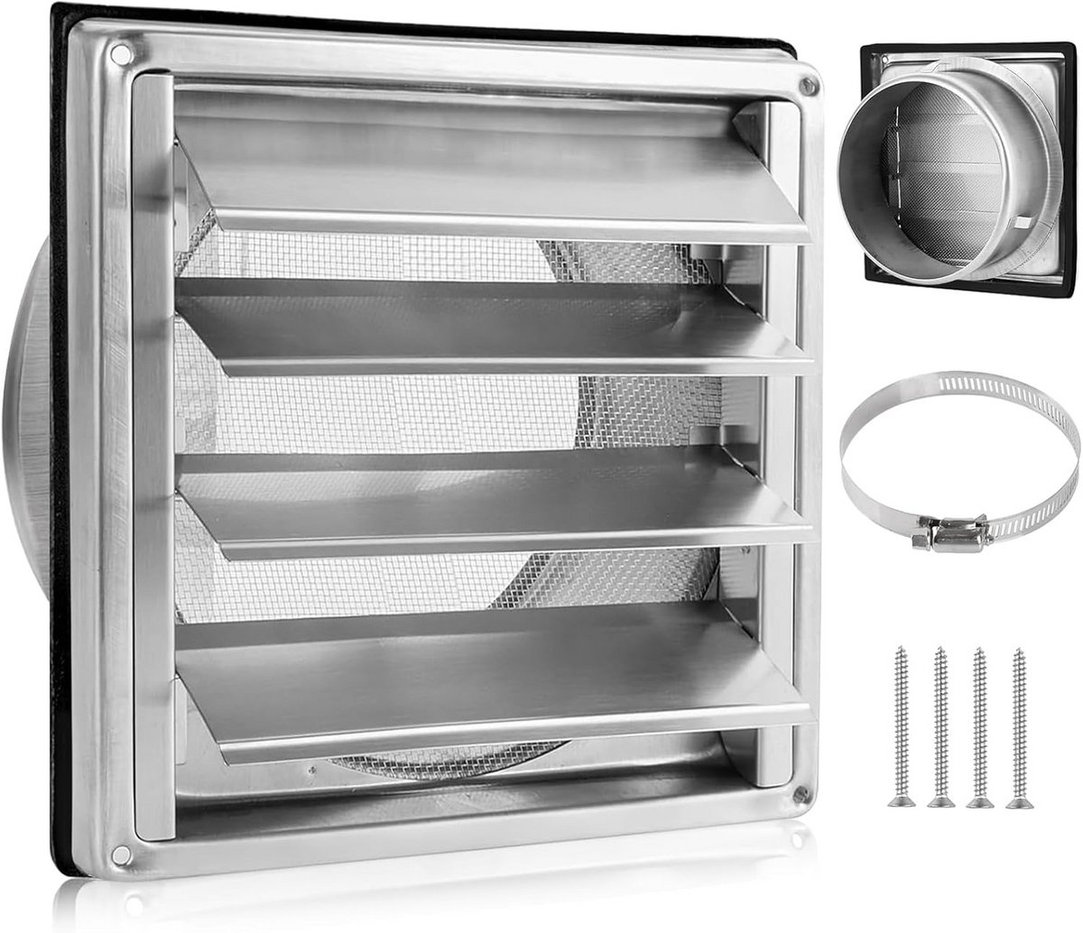 Afvoerluchtrooster Rond RVS 150mm met Terugslagklep en Insectengaas