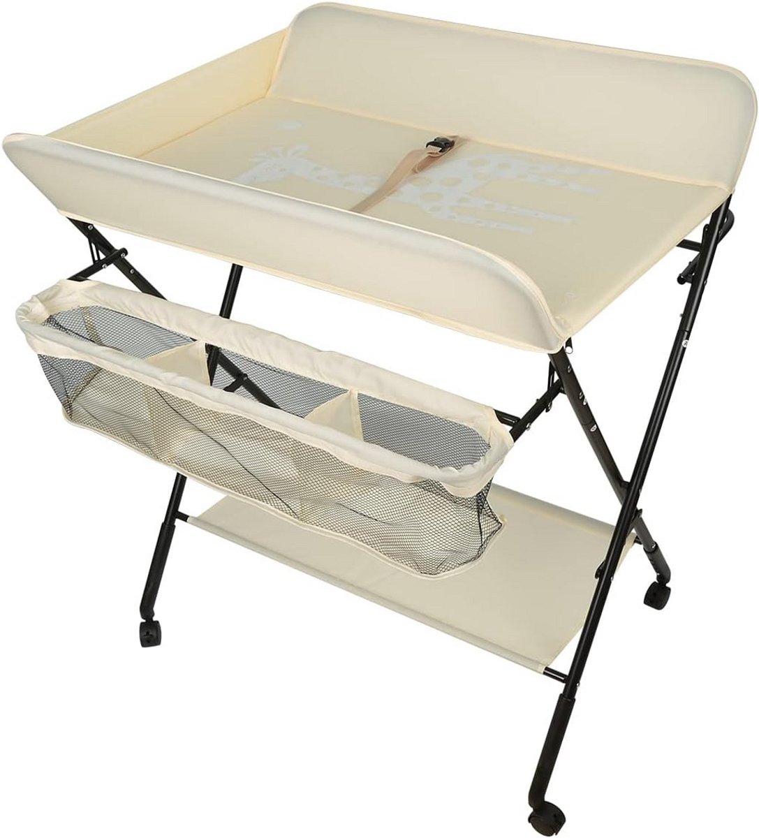 Opvouwbare Luiertafel met Opbergmand en Veiligheidsgordel - Verstelbare Hoogte en Wielen met Rem - Giraffenpatroon Beige