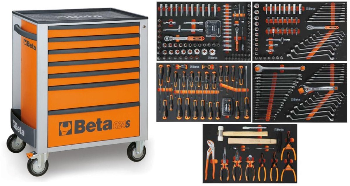 Beta gevulde gereedschapswagen 2400S O7/E-M - 309-delig, 7 laden, slot, 4 zwenkwielen, 800 kg, oranje