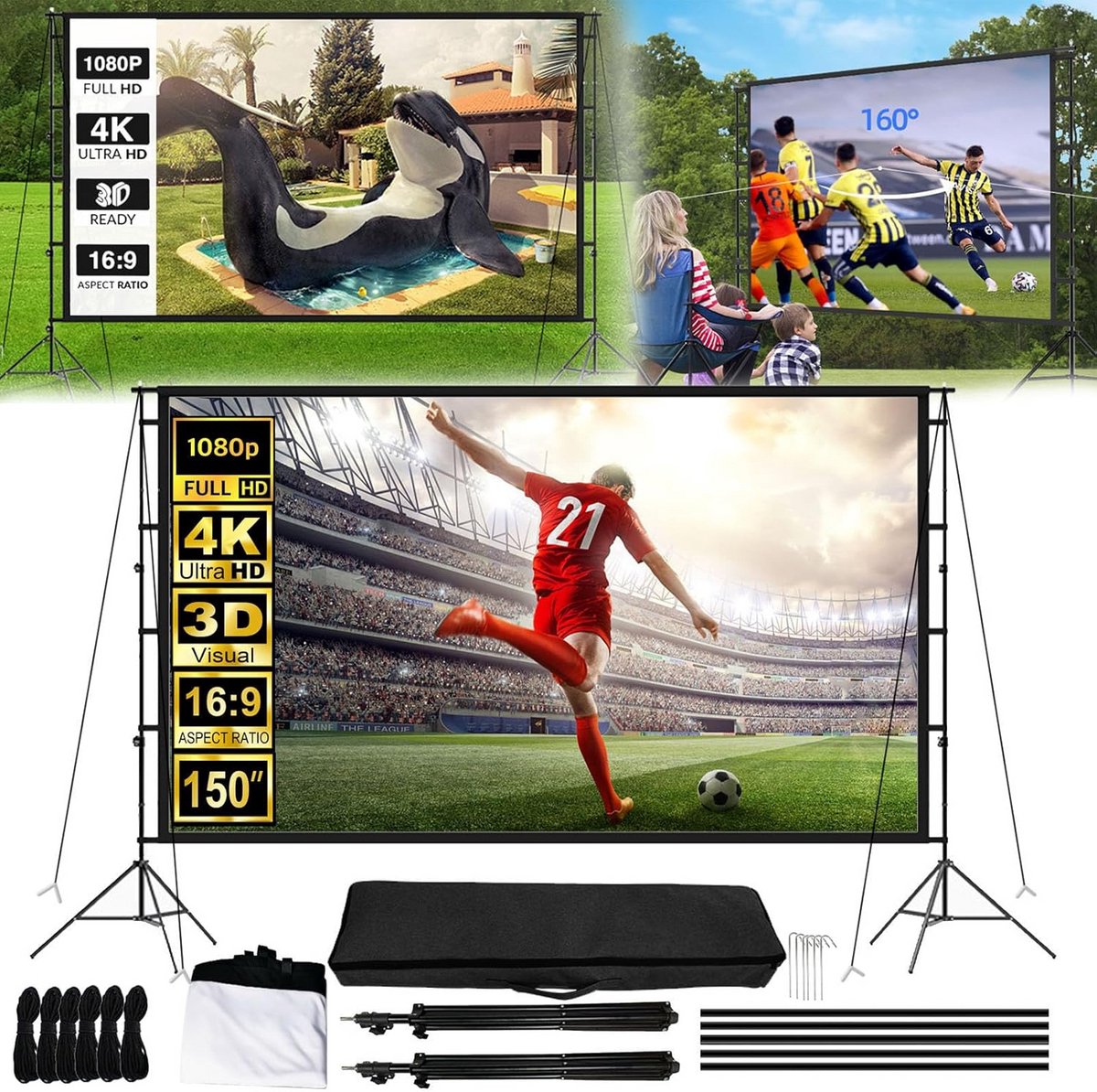 Projectiescherm 3.3 x 1.85 m met inklapbare standaard, 16:9, HD 1080p, 4K 3D, draagbaar en hoogte verstelbaar voor thuisbioscoop en presentaties
