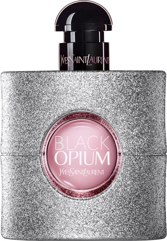 Yves Saint Laurent Black Opium parfumfles met zilveren glitter en een roze label, geïsoleerd op een witte achtergrond.