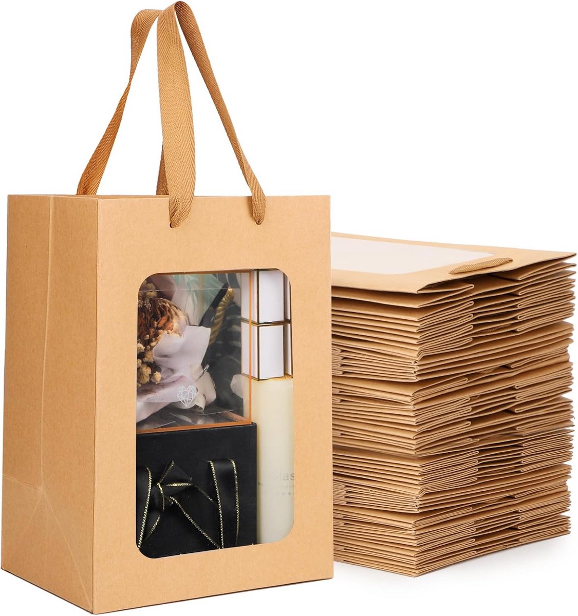 Bruine Kraft Cadeauzakjes met Venster - Set van 50 Stevige Papieren Tassen met Handvat