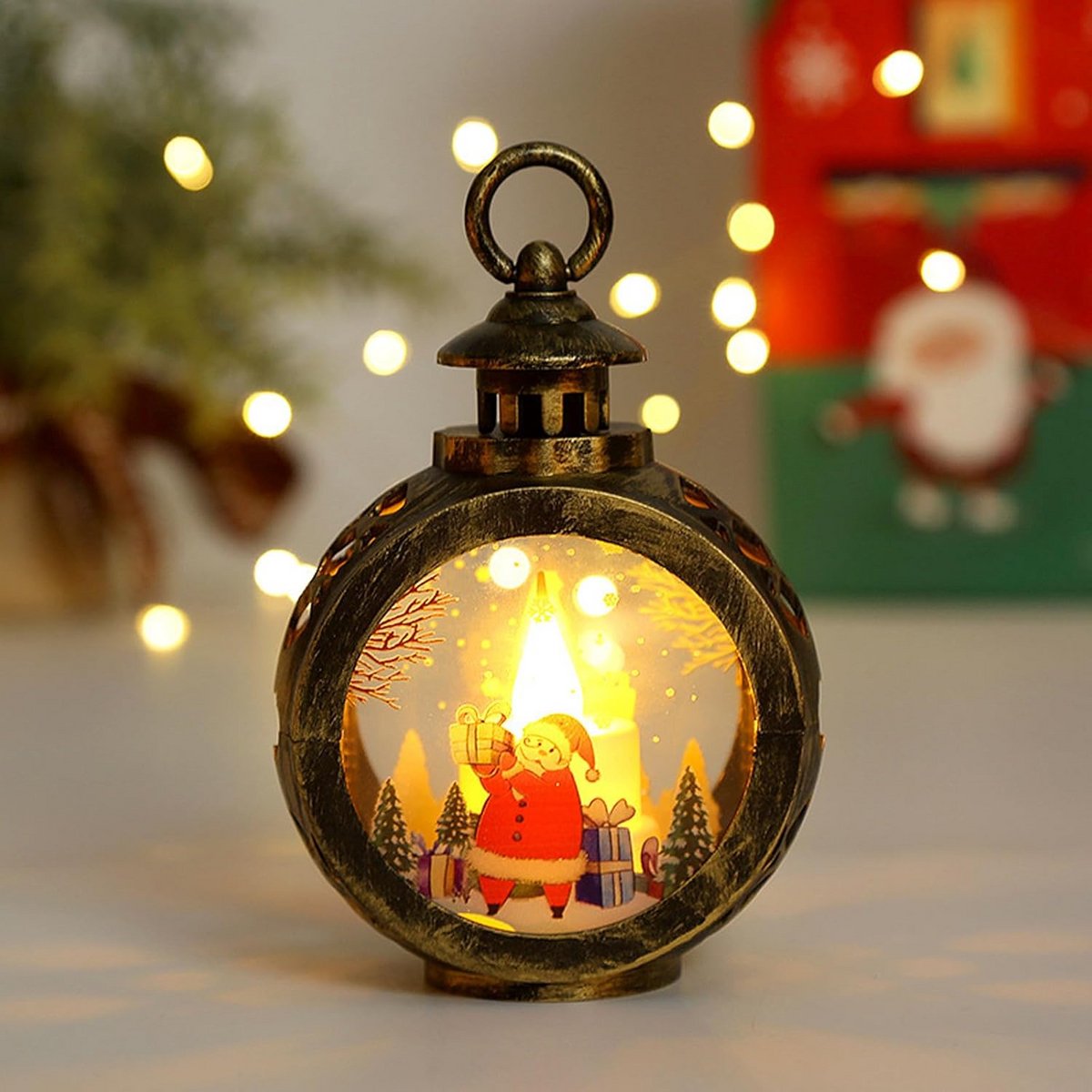 Decoratieve kerstlantaarn set van 2 met sneeuw en kerstthema voor tafeldecoratie – foto 5