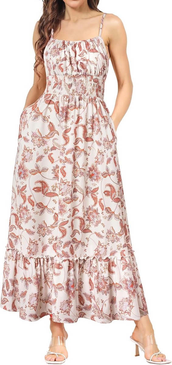 Mouwloze Bloemenjurk Maxi-Jurk Casual Cami-Jurk Boheemse Spaghettibandjes Smocked Cocktailjurk Ruches Vrijetijdsjurk Strandjurk