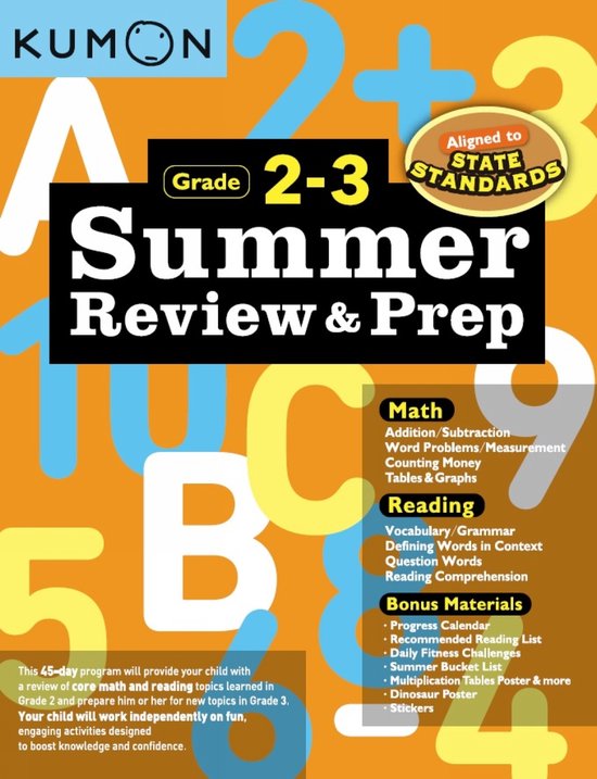 Kumon Summer Review & Prep Grade 2-3 boek. Grote letters en cijfers op een oranje achtergrond. Bevat onderwerpen als wiskunde, lezen en bonusmaterialen.