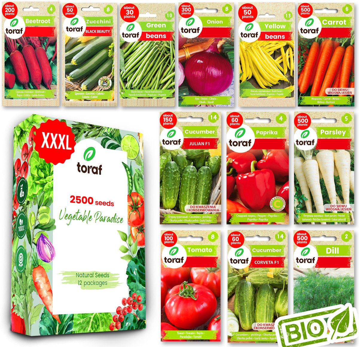 Toraf Groentezaad XXL Set 12 Zakjes 2500 Zaden Biet, Ui, Bonen, Komkommer, Tomaat & Meer Biologisch & GMO-vrij