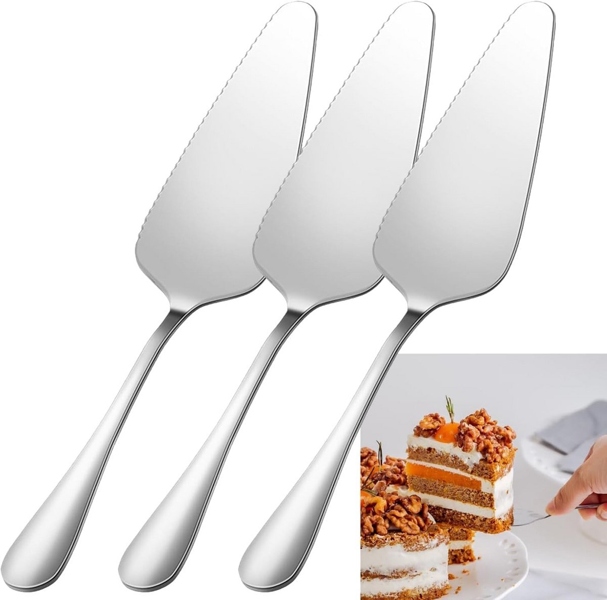 Taartschep Set 3 Delig RVS - Taart- en Pizzaserver met Gekartelde Rand