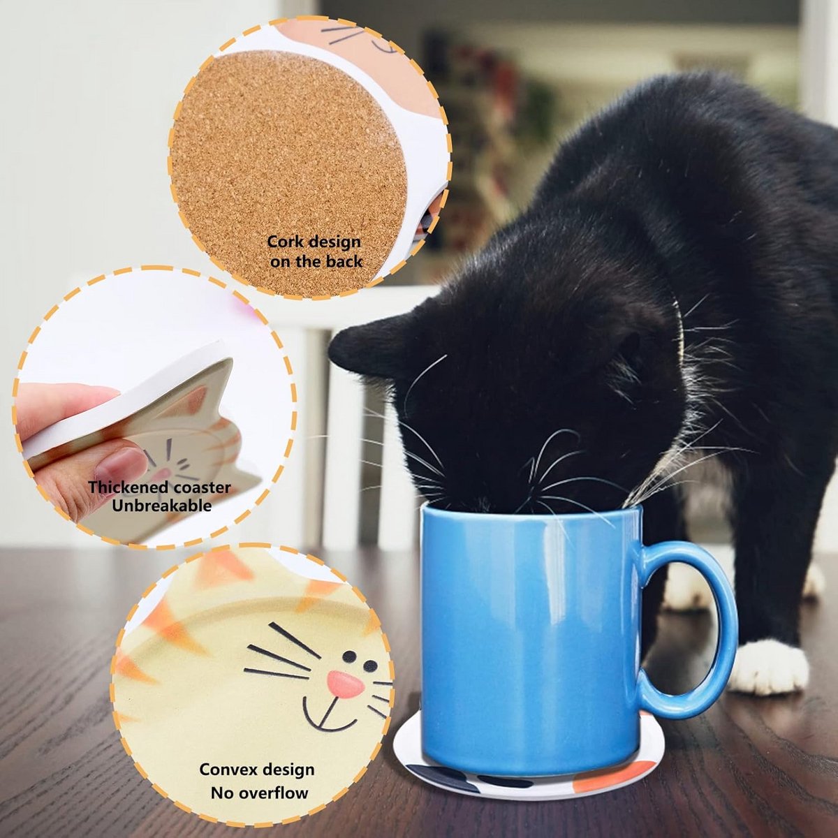 Set van 4 Absorberende Keramische Onderzetters met Kattenoren en Kurken Bodem