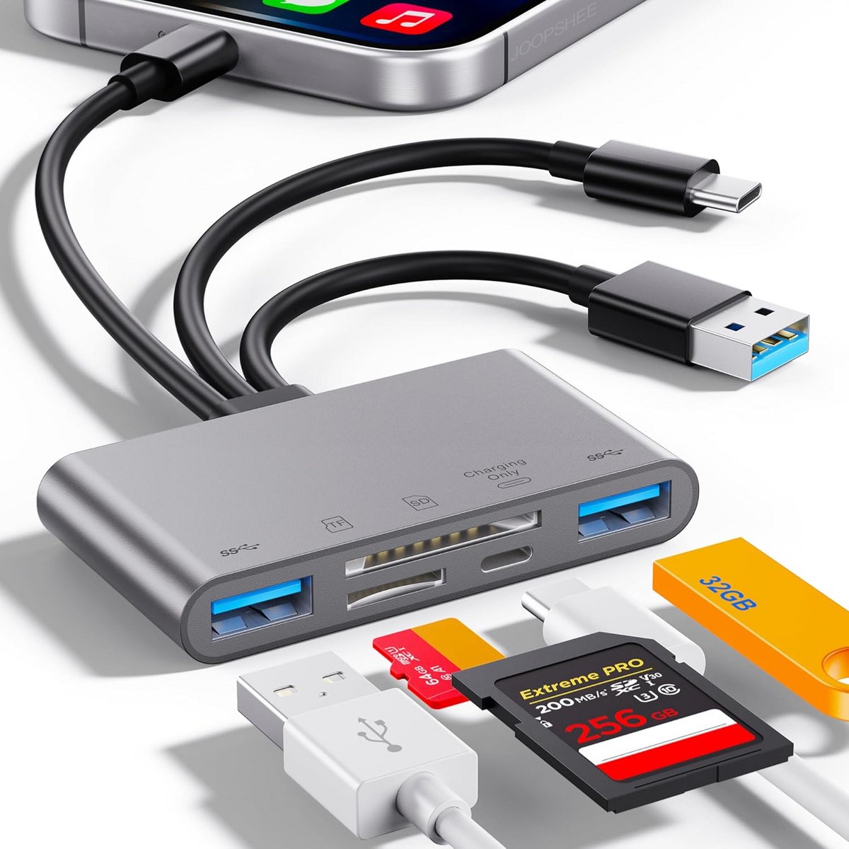 Snelle USB 3.0 Kaartlezer voor SD, MicroSD, SDHC, SDXC en MMC – Geschikt voor Telefoon, Tablet en USB-C Apparaten