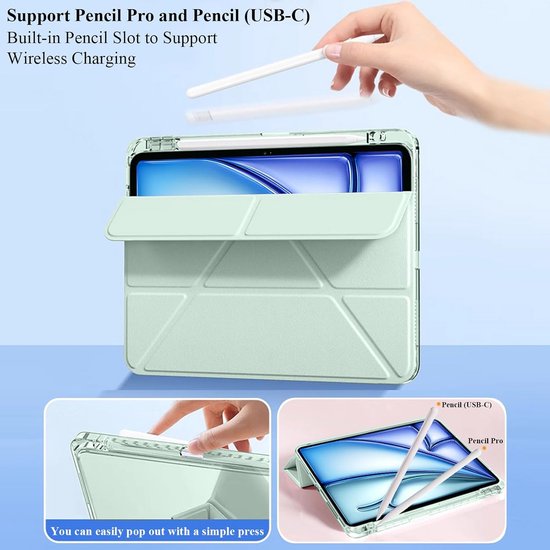 Transparante Hoes voor iPad Air 11-Inch, 6-in-1 Y-Vouwstandaard, Matcha Groen, Automatisch Wekken/Slapen — afbeelding 2