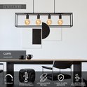 Zwarte metalen Capri hanglamp met vier zichtbare E27 lampen in een rechthoekig frame.