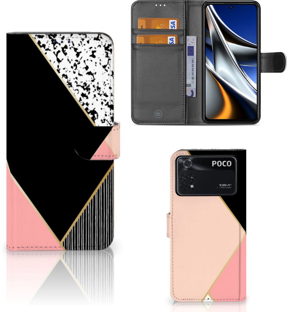 Xiaomi Poco X4 Pro 5G Book Case Zwart Roze Vormen