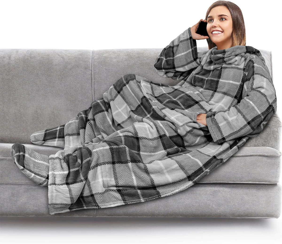 Fleece Deken met Mouwen en Voetzakken voor Volwassenen - Draagbare Cozy Wrap voor Thuis