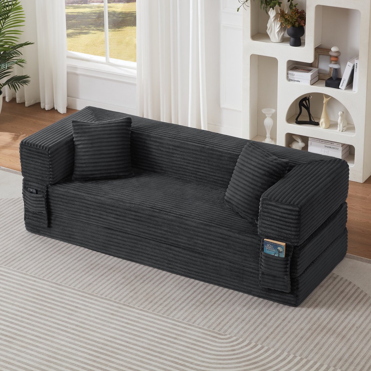 STILVORA Bedbank - Omvormbaar Tot Klein Tweepersoonsbed - Klassiek Vierkant Design - Voor Woonkamer En Appartement - Schuim Donkergrijs