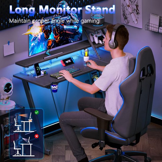 40 Inch Gamingbureau met LED-verlichting en Stopcontact - Klein L-vormig Computerbureau voor Gamers Met Monitorstandaard — afbeelding 5