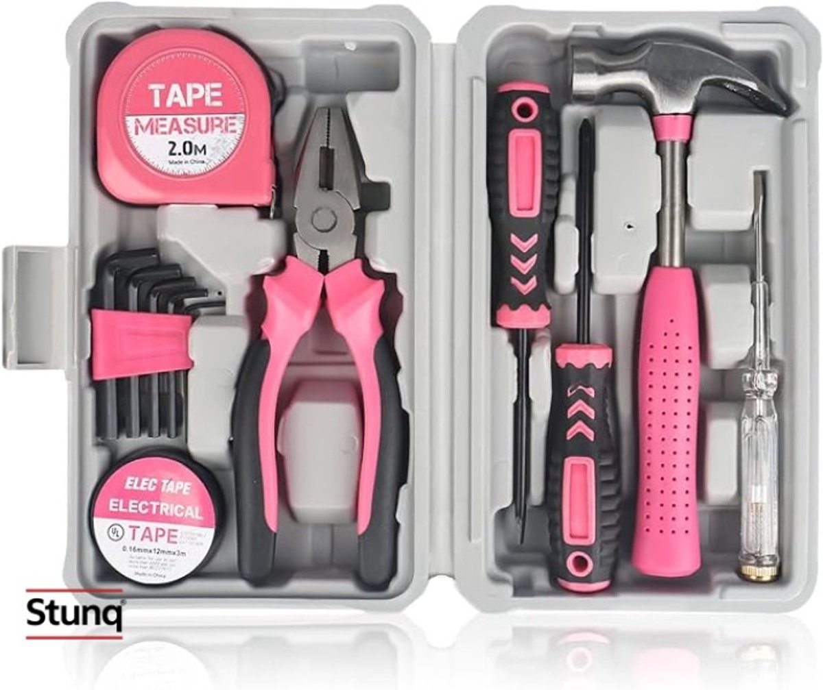 12-delige roze gereedschapsset voor thuis, compacte doe-het-zelf toolkit met essentiële handgereedschappen
