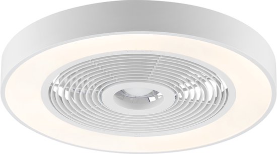 Witte plafondventilator met warmwitte ringverlichting.
