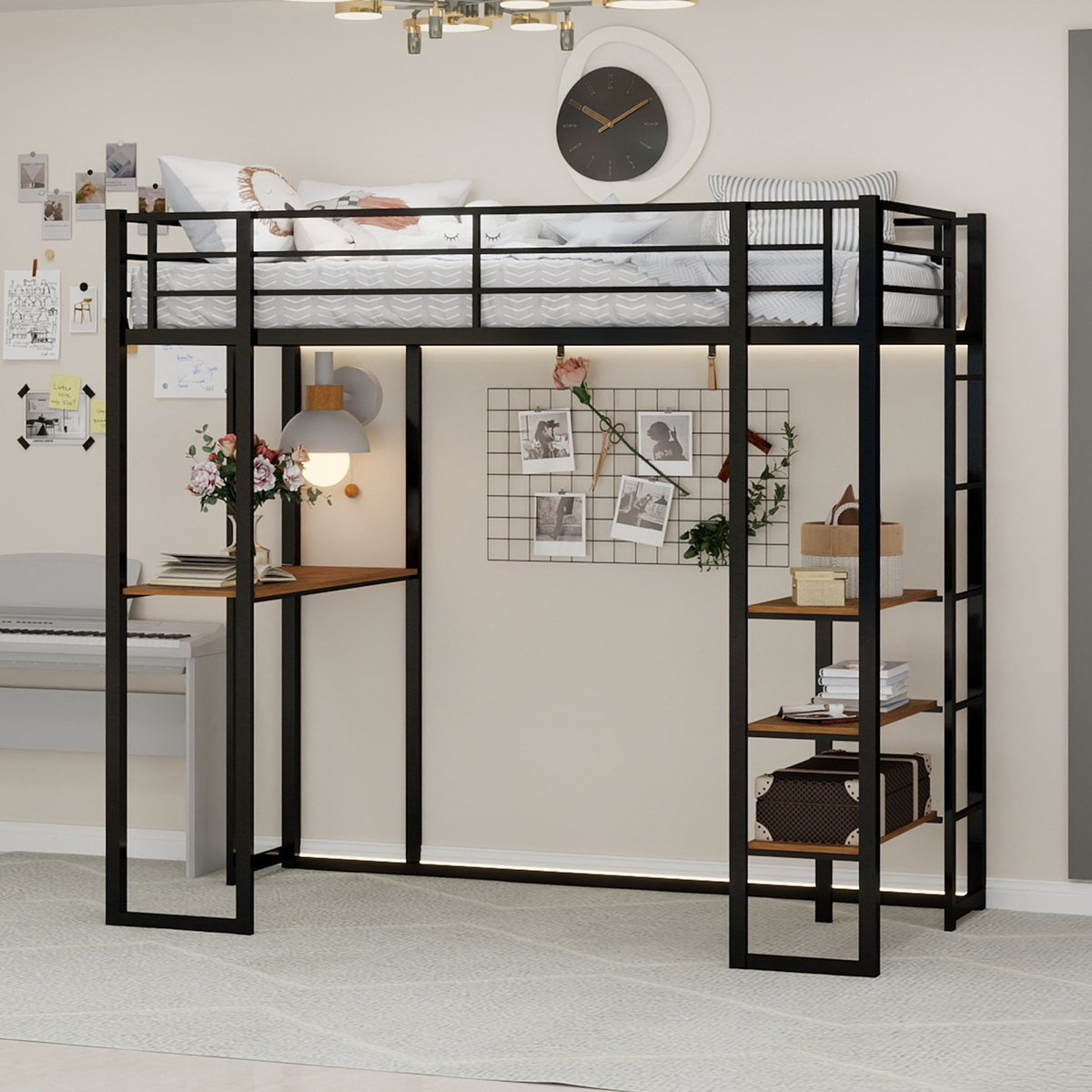MODFU Hoogslaper – Zwart metalen frame – Met bureau & verplaatsbare ladder – Ruimtebesparend – 2 pakketten