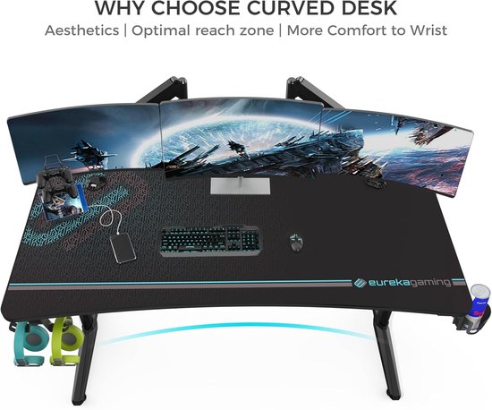 Ergonomische Gamingtafel 152x70 cm - Gamingbureau met Bekerhouder en Hoofdtelefoonhaak - Perfect voor Thuiskantoor van Merkloos — afbeelding 2