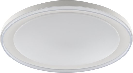 Witte, ronde plafondlamp met een dunne, doorlopende lichtgevende rand.