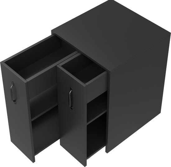 Zwarte archiefkast met twee open vakken aan de zijkant en twee lades.