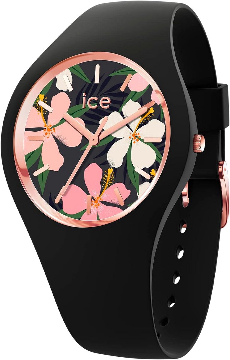 Dameshorloge met Siliconestrap in Zwart met Bloemen Design