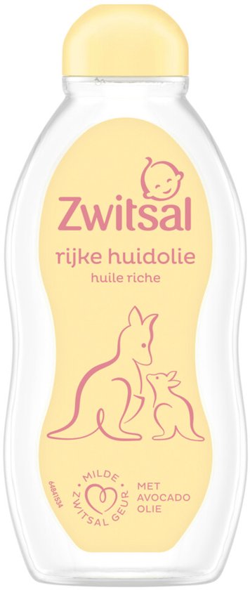 Fles Zwitsal rijke huidolie met een geel gestileerd label met een afbeelding van een kangoeroe met baby. Tekst: 'Zwitsal rijke huidolie', 'milde geur', 'met avocado olie'.