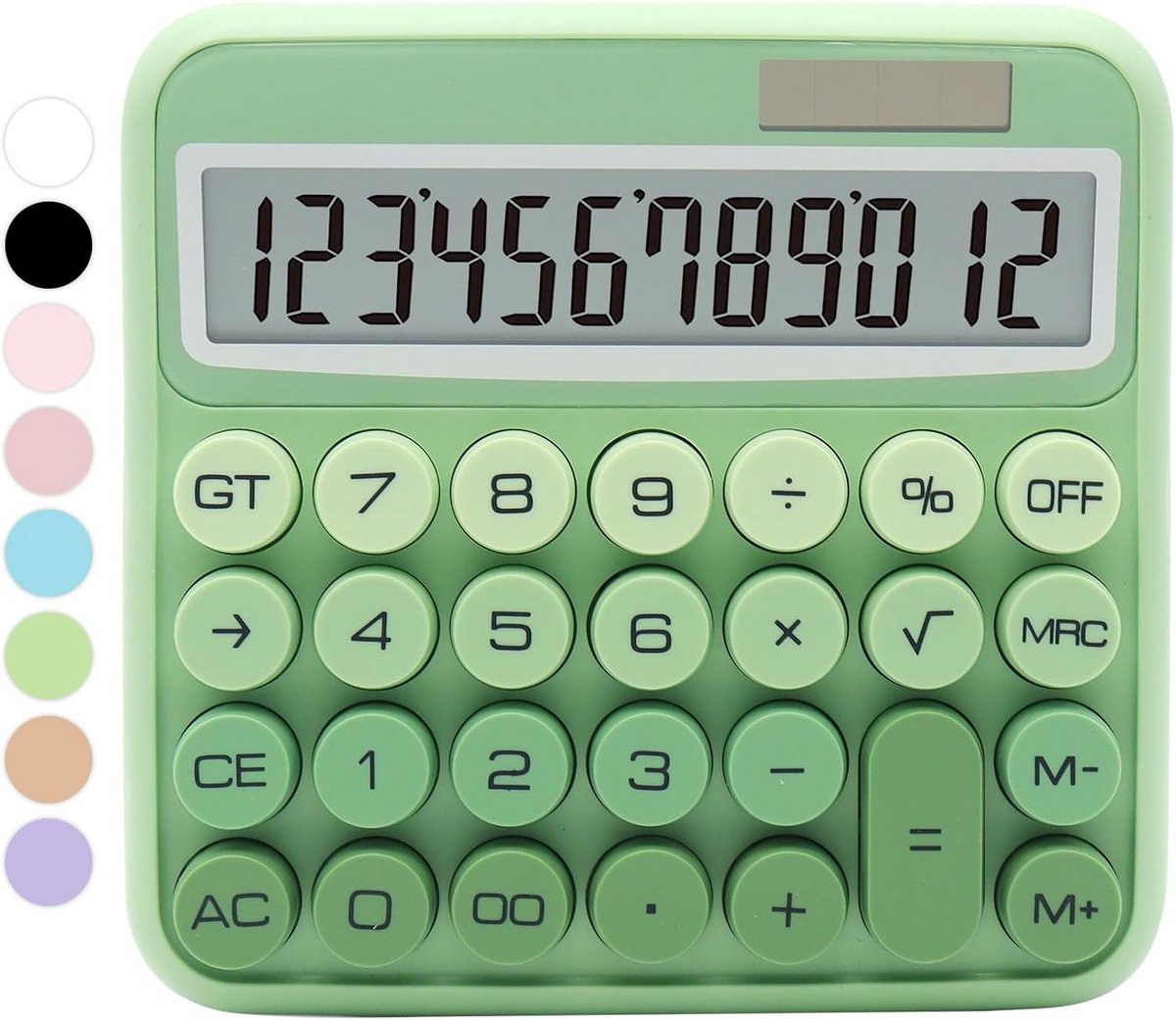 Groene standaard rekenmachine met groot LCD-scherm en grote knoppen - 12-cijferige calculator voor kantoor en school