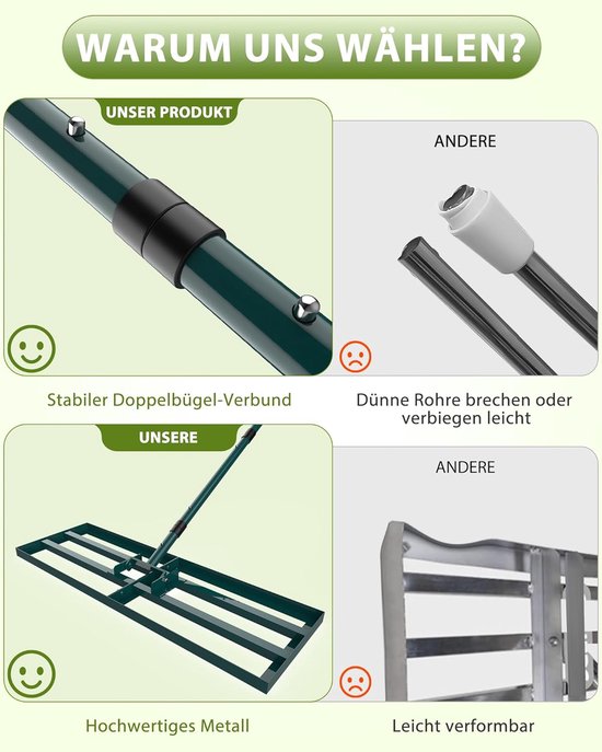 76 x 25 cm, nivelleerhark, brede gazonhark voor zanden, rakel voor gazon met 198 cm steel, tuinhark verticuteerder voor erf, tuin, golfbaan — afbeelding 3
