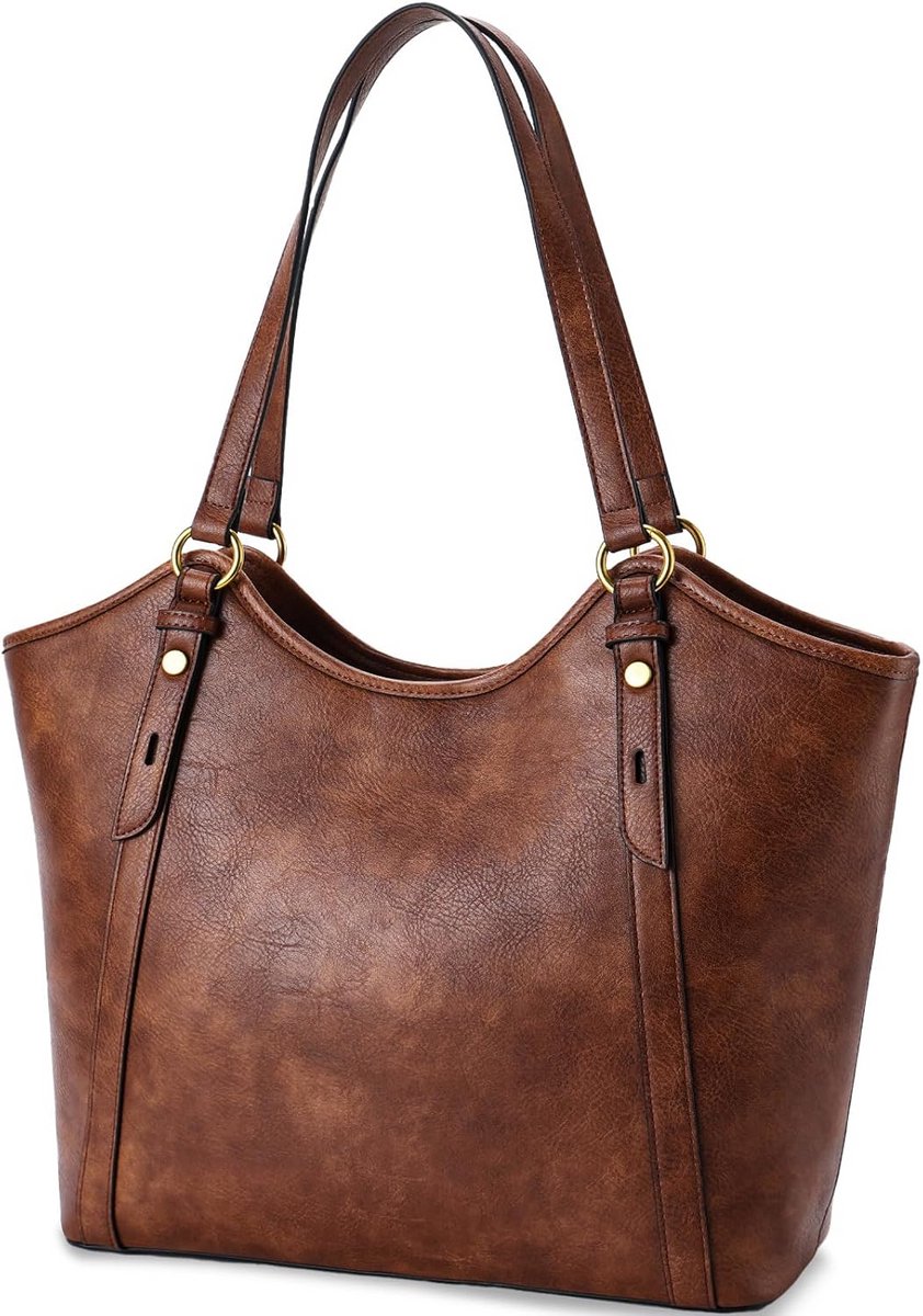Lichtgewicht leren schoudertas voor dames - Vintage tote bag voor werk en school - 15.6 inch laptop