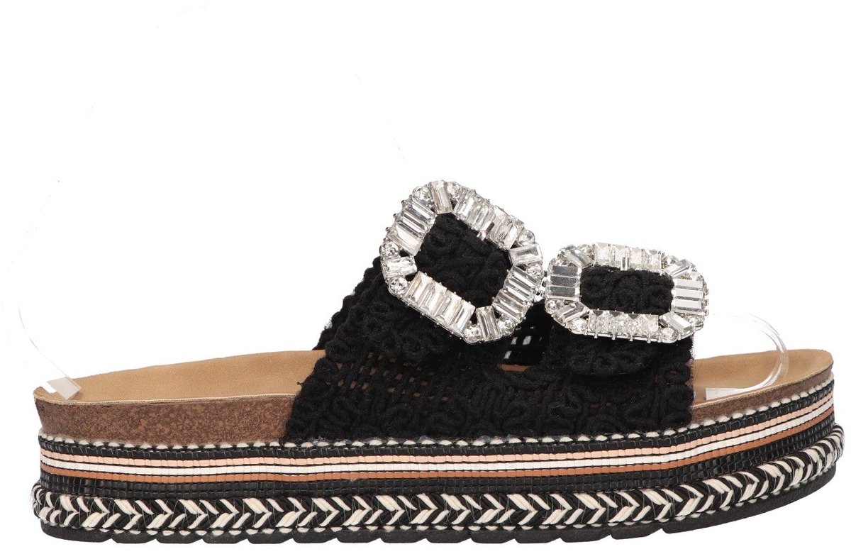 La Strada Platform Slipper Zwart Raffia - Damesschoenen - Maat - 38