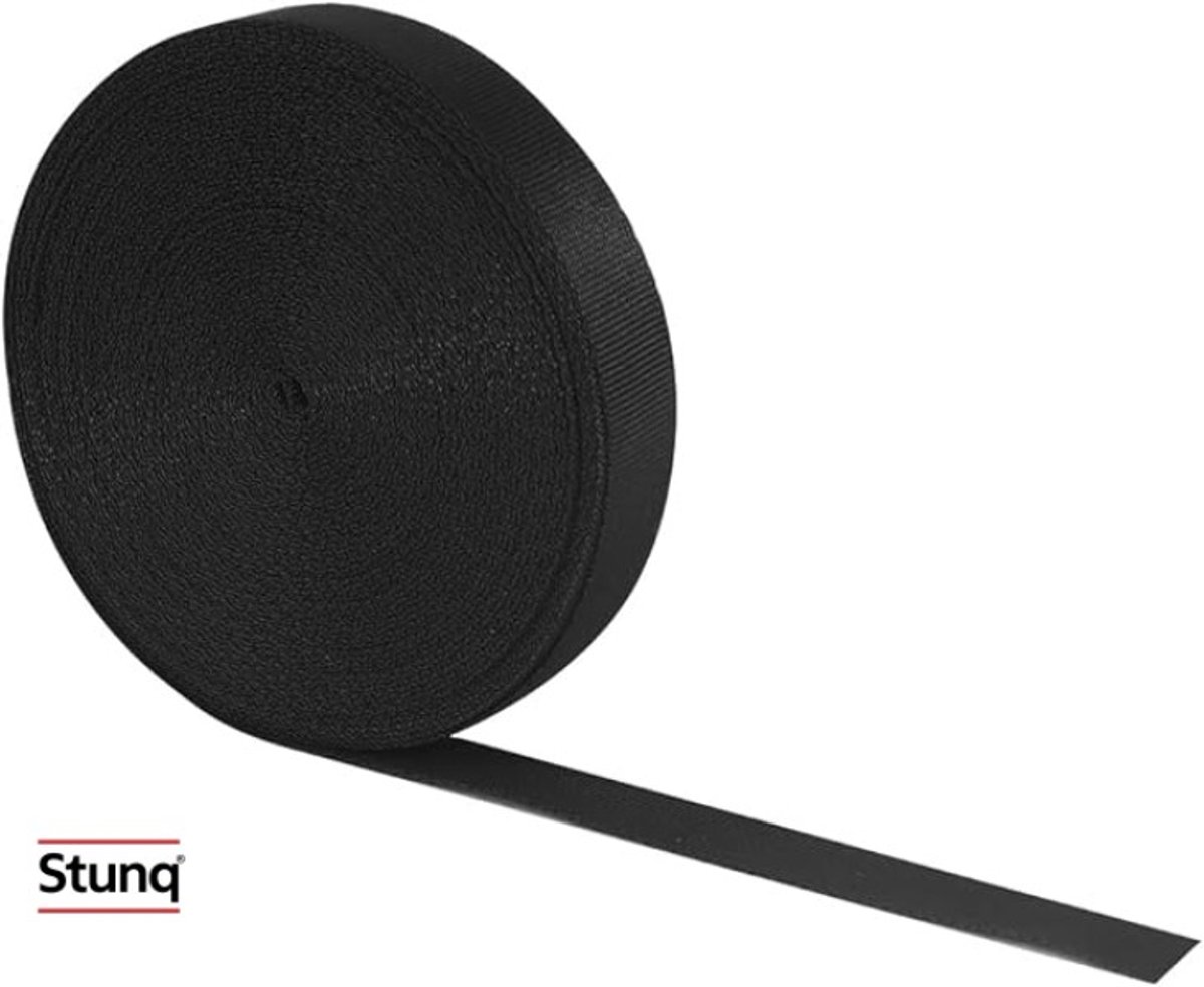 Zwarte nylon singelband 15 mm breed, 10 meter rol voor doe-het-zelf projecten en bagagebevestiging
