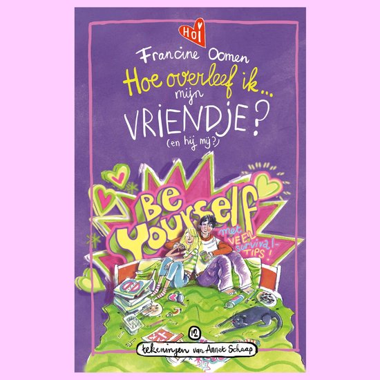 Boekomslag 'Hoe overleef ik mijn vriendje?' met een meisje en een jongen die elkaar aankijken, omringd door hartjes en sterren. Titel: Hoe overleef ik mijn vriendje? (en hij mij?)