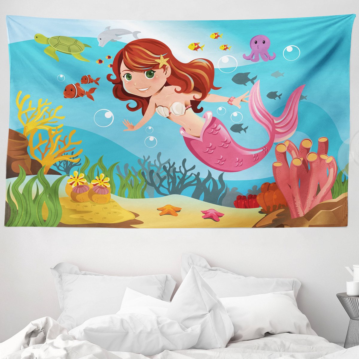 ABAKUHAUS Onderwaterwandtapijt, Zeemeermin die onder water in de oceaan zwemt en vrolijk lacht, 230 x 140 cm, Meerkleurig Blauw veelkleurig