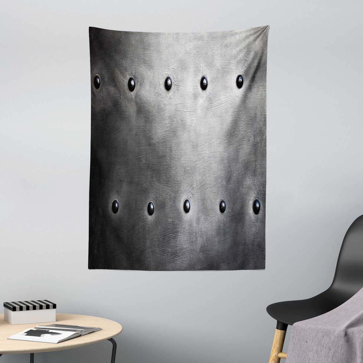 ABAKUHAUS Industriële Wandtapijt, Zwarte Grunge Plaatpantser Digitale Print met Studs Vintage Thema, 110 x 150 cm, Zwart Grijs