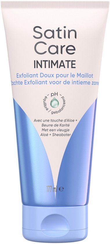 Satin Care Intimate Zachte Exfoliant tube met blauwe en witte accenten. Bevat Aloë + Sheaboter.