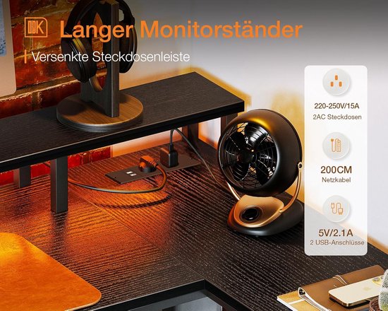 L-vormig gamingbureau met opbergruimte, 189,3 x 100 cm, omkeerbaar design met LED en USB-aansluitingen, computertafel voor slaapkamer of werkruimte van Merkloos — afbeelding 5