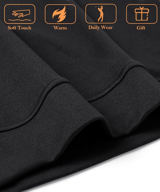 Close-up van de zachte stof van het zwarte sweatshirt. Iconen voor 'Soft Touch', 'Warm', 'Daily Wear' en 'Gift'.
