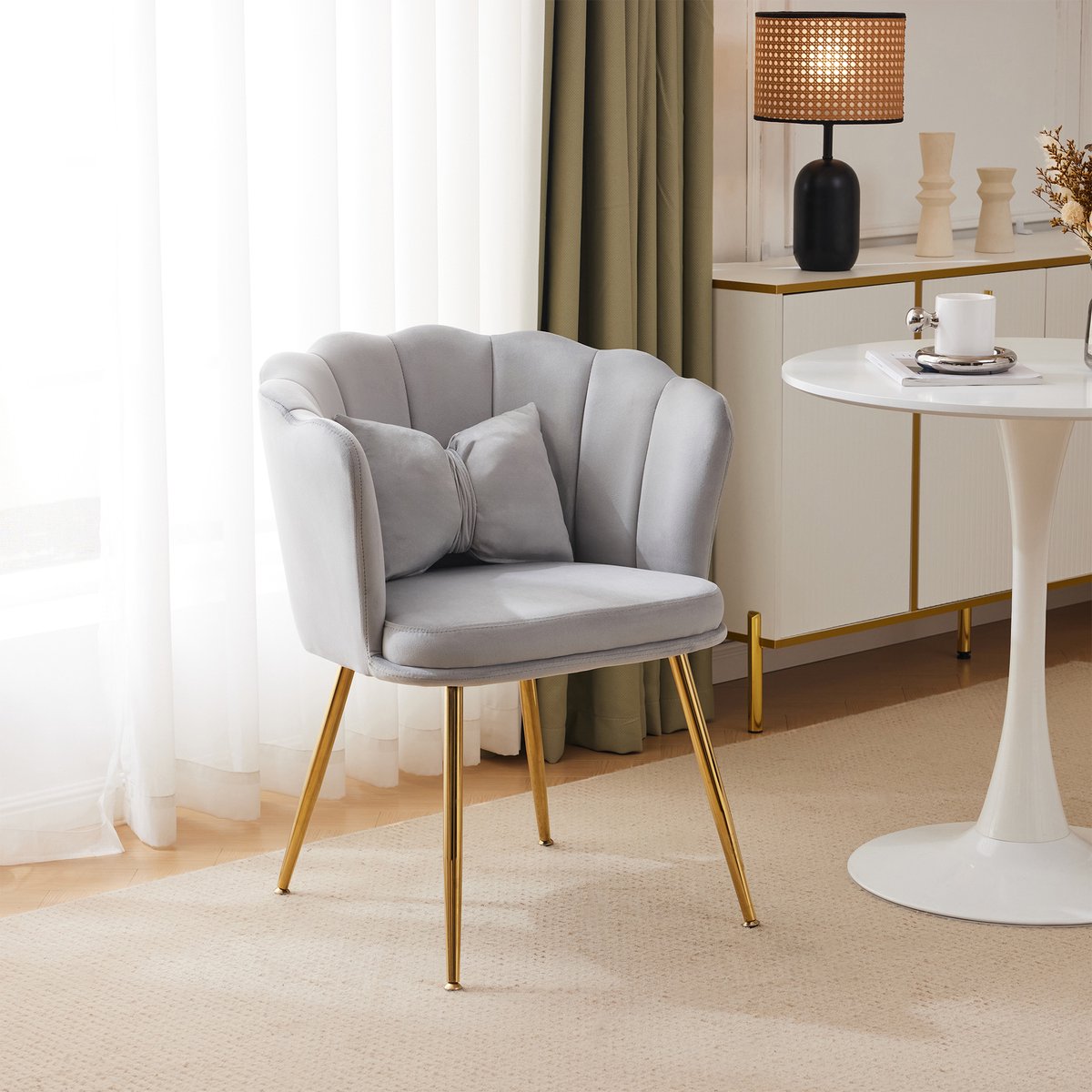 FloraGrace Eetkamerstoel Set Van 6 - Bloemblaadjes Rugleuning Met Kussen - Ergonomisch En Comfortabel Voor Eetkamer Woonkamer - Fluweel - Grijs