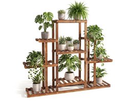 unho Plantenrek - Plantenstandaard - 5 Lagen - 96.5cm Hoog - Massief Hout - Bloemenrek voor Binnen en Buiten - Donkerbruin