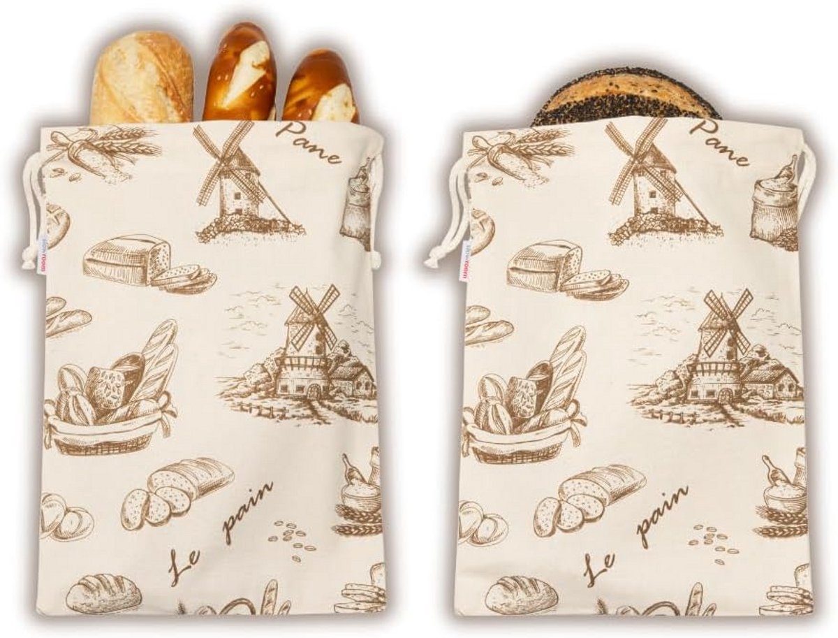 Set van 2 Herbruikbare Katoenen Broodzakken – Vershoudzak met Trekkoord 38x28 cm