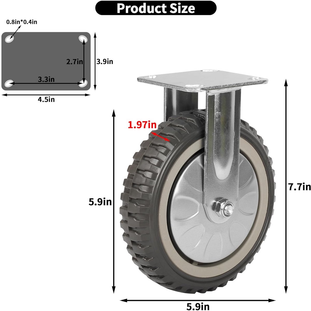 Set van 4 zwenkwielen voor zware lasten - 200 mm - 360° draaibare rem - Massief rubber - Luchtbanden - Belastbaarheid tot 1000 kg