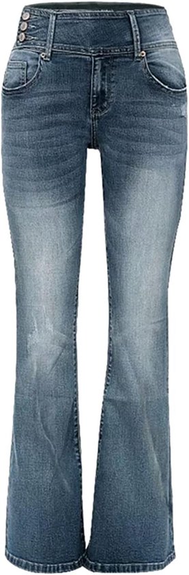 Blauwe dames jeans met wijde pijpen en een hoge taille met drie knopen.